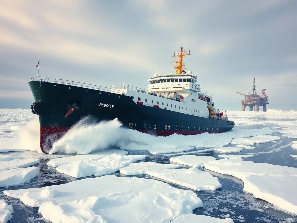A high-resolution image of a modern, heavy-duty icebreaker ship navigating through thick Arctic ice, with an oil rig visible in the background. The scene should convey the power and resilience required for Arctic operations.