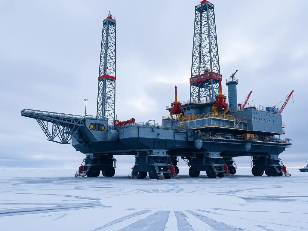 A detailed photograph of a state-of-the-art drilling rig specifically engineered for Arctic environments, showcasing its robust construction and advanced technology.