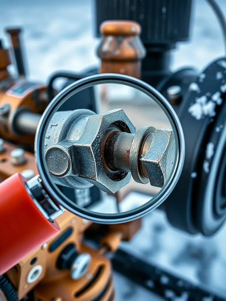 A photo of a robust, specialized piece of equipment designed for Arctic conditions, with a magnifying glass hovering over a specific component, highlighting its durability.