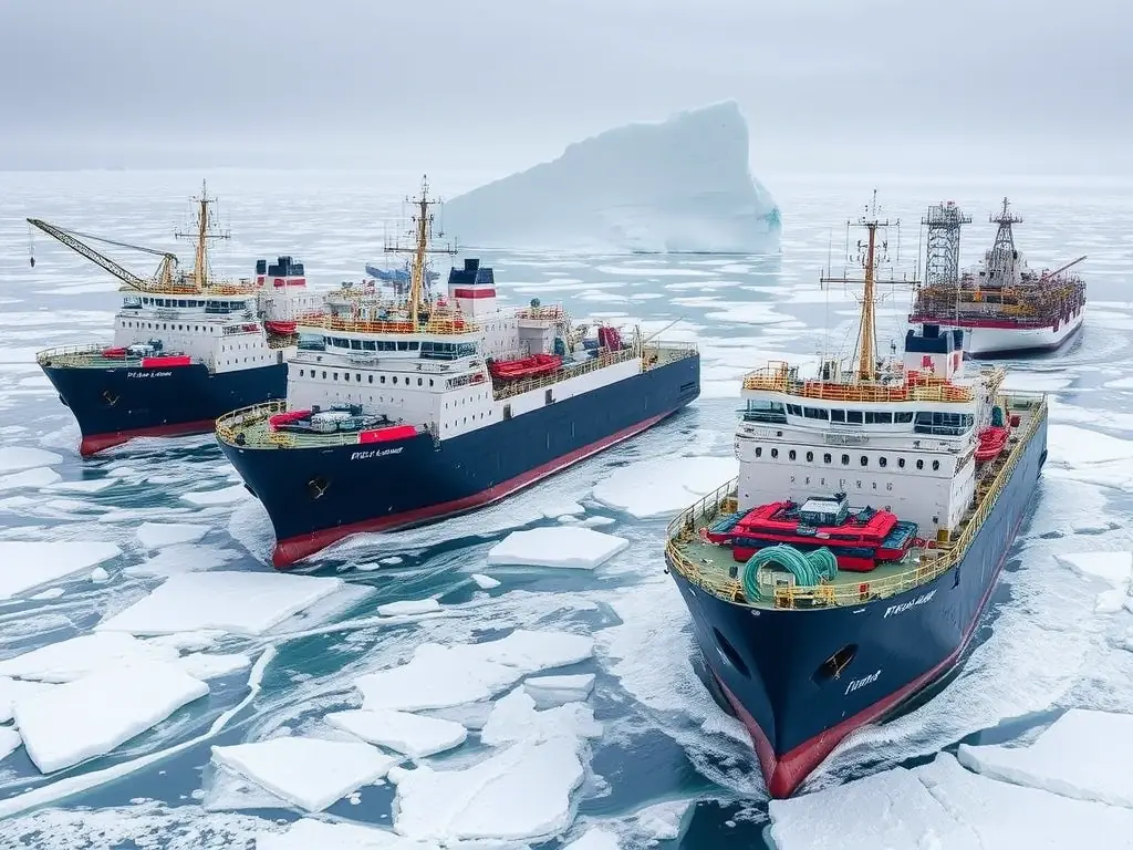 A photograph of a fleet of ice-class support vessels navigating through icy waters, with oil and gas infrastructure visible in the background. The vessels should appear sturdy and capable of operating in challenging marine environments.