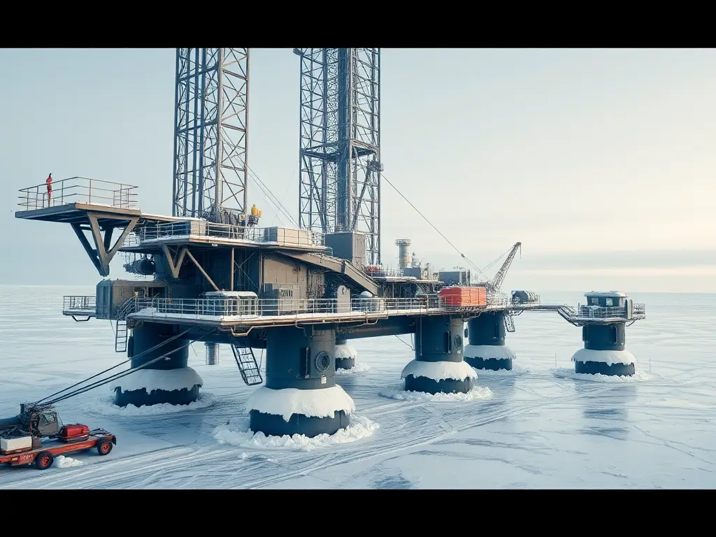A high-quality photograph showcasing a modern, heavy-duty drilling rig operating in a snowy Arctic landscape. The rig should appear well-maintained and technologically advanced, emphasizing its suitability for extreme conditions.