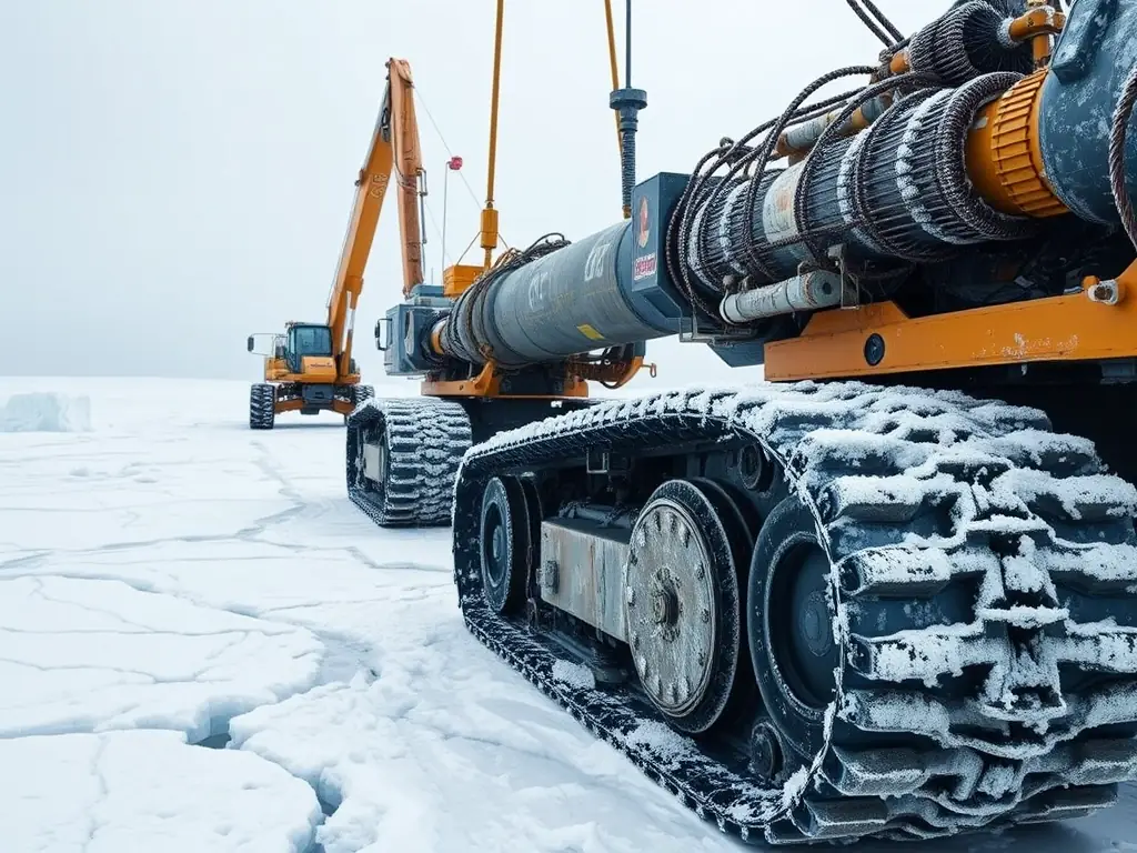 A detailed image of specialized pipeline construction equipment working on a frozen tundra. The equipment should be designed to withstand extreme cold and permafrost conditions, highlighting its durability and effectiveness.