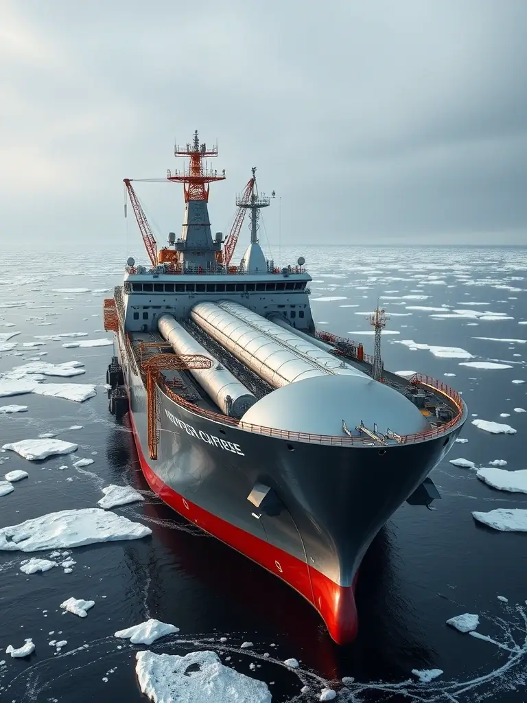 A clear photograph of a heavy-duty pipeline laying vessel in action, demonstrating its ability to install pipelines in challenging Arctic marine environments.