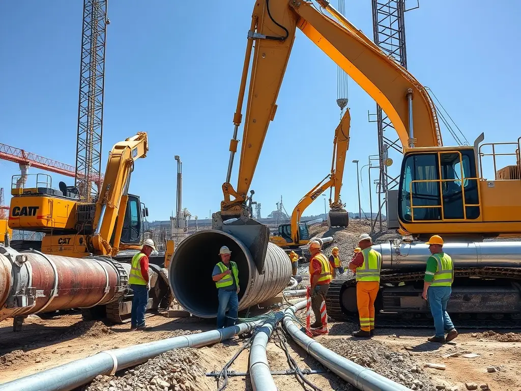 A wide shot of specialized pipeline construction equipment operating in a snowy Arctic landscape, emphasizing the scale and complexity of infrastructure development in the region.