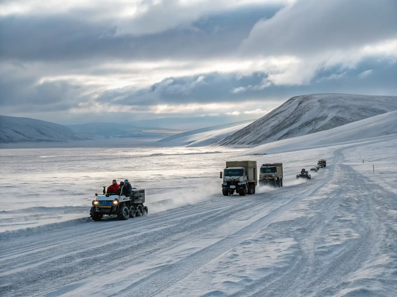 A photograph showcasing a variety of heavy-duty vehicles and equipment parked at a remote Arctic base, with workers in specialized gear performing maintenance tasks. The scene should emphasize the ruggedness and reliability of the equipment.