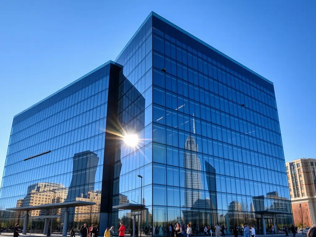 A photograph showcasing a modern office building in a bustling financial district, representing the professional and reliable nature of Lotos Leasing.
