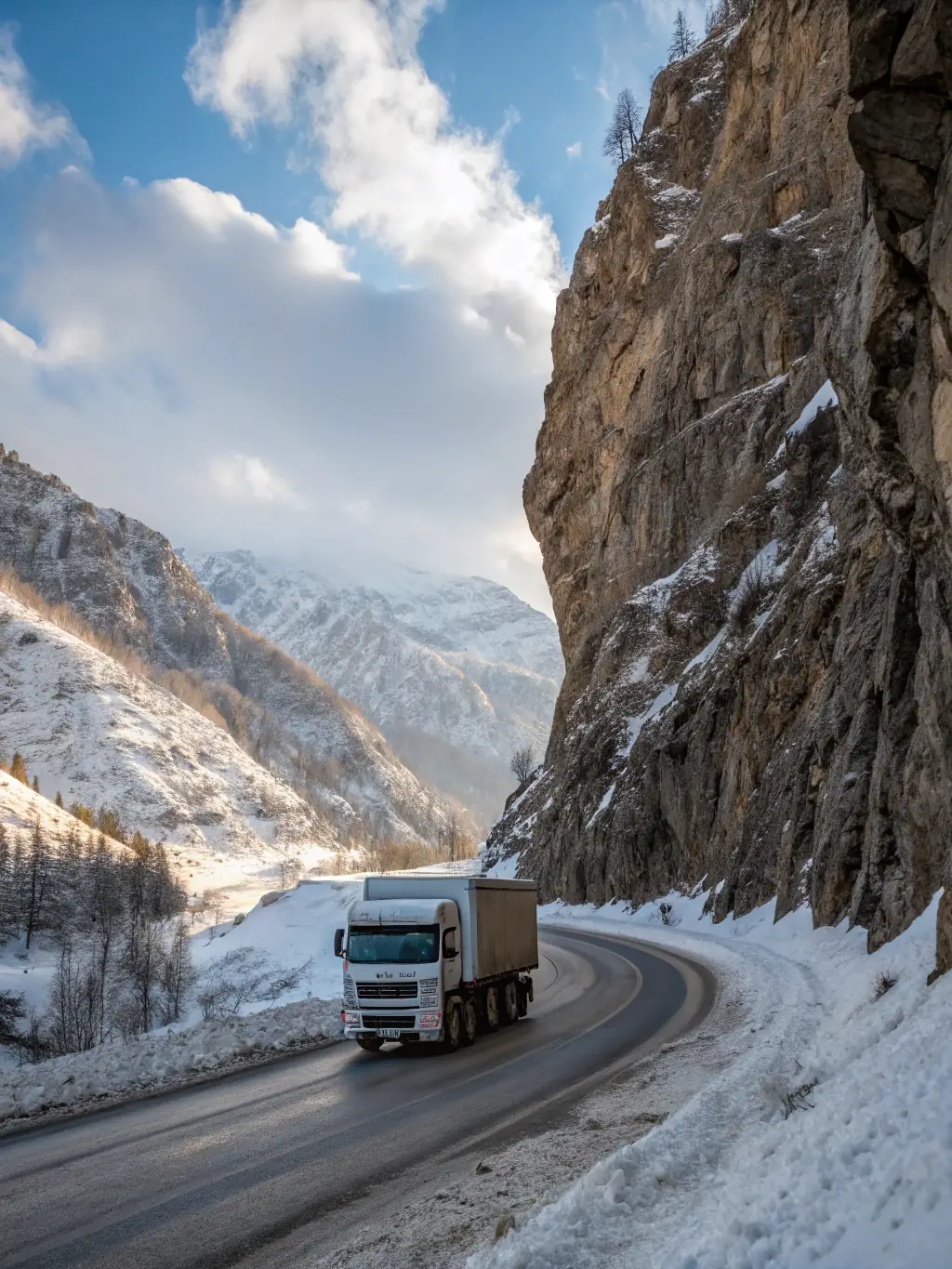 A detailed image of a heavy-duty transport vehicle navigating icy terrain, highlighting its capacity and durability in extreme cold.