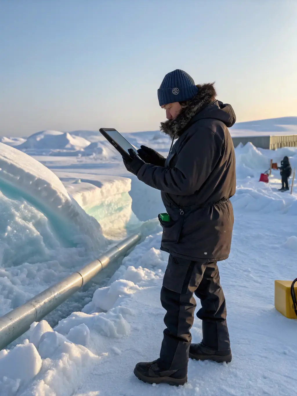 A detailed image of a cold-resistant drilling rig operating on a snow-covered Arctic landscape, emphasizing its specialized features and resilience to extreme temperatures.