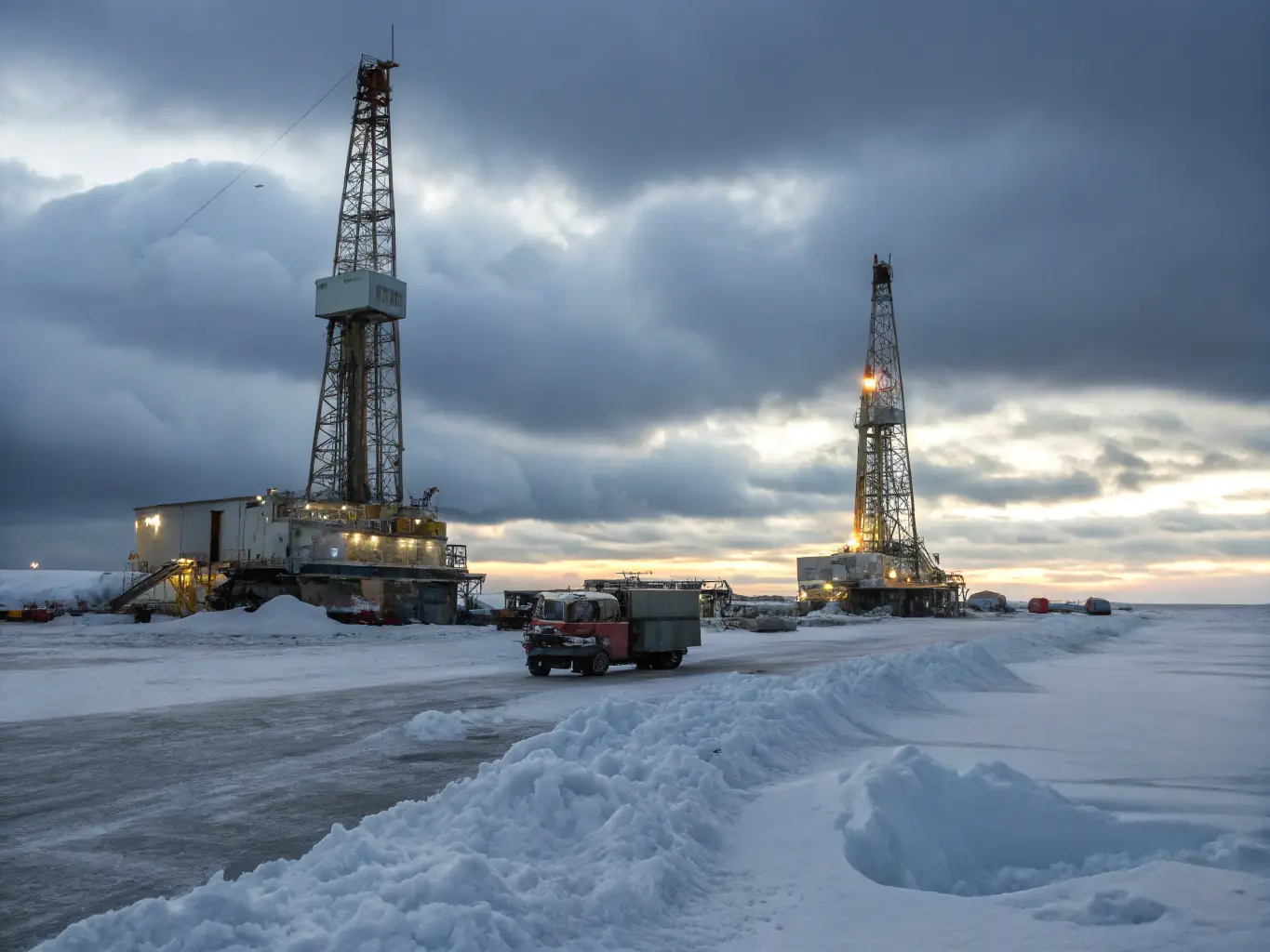 A high-quality photograph depicting a modern drilling rig operating in a snowy Arctic landscape, with the Northern Lights visible in the background. The image should convey a sense of technological advancement and environmental awareness.