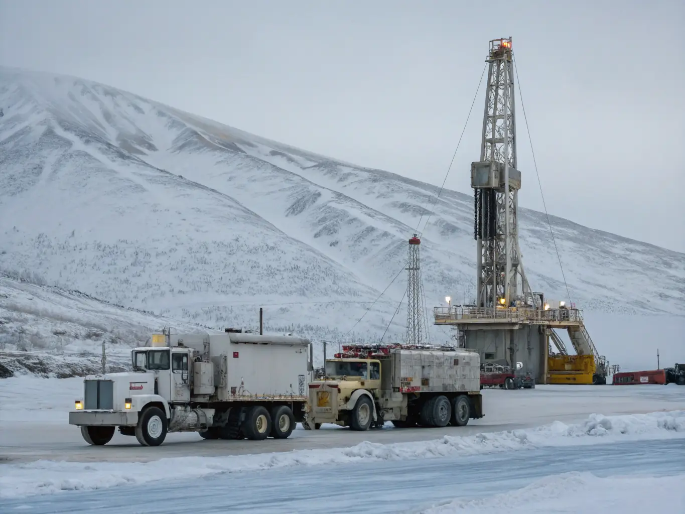 A photograph depicting a modern oil drilling rig operating in a snowy, arctic environment, symbolizing the core business of Lotos Leasing.