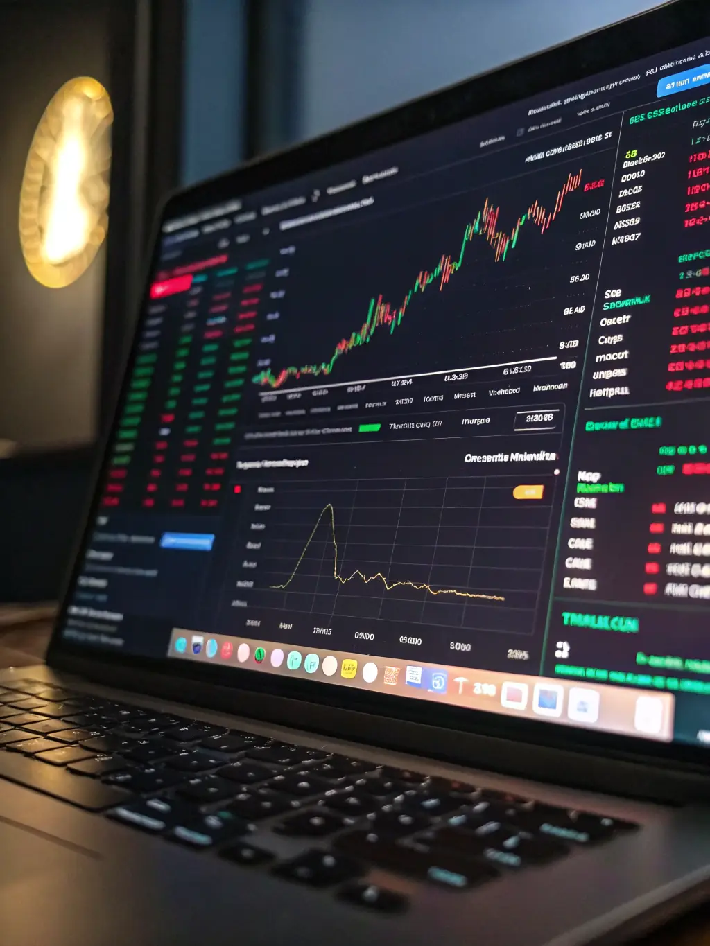 A close-up shot of a digital display showing fluctuating cryptocurrency values, overlaid with a subtle warning sign icon. The background is blurred, suggesting market volatility.
