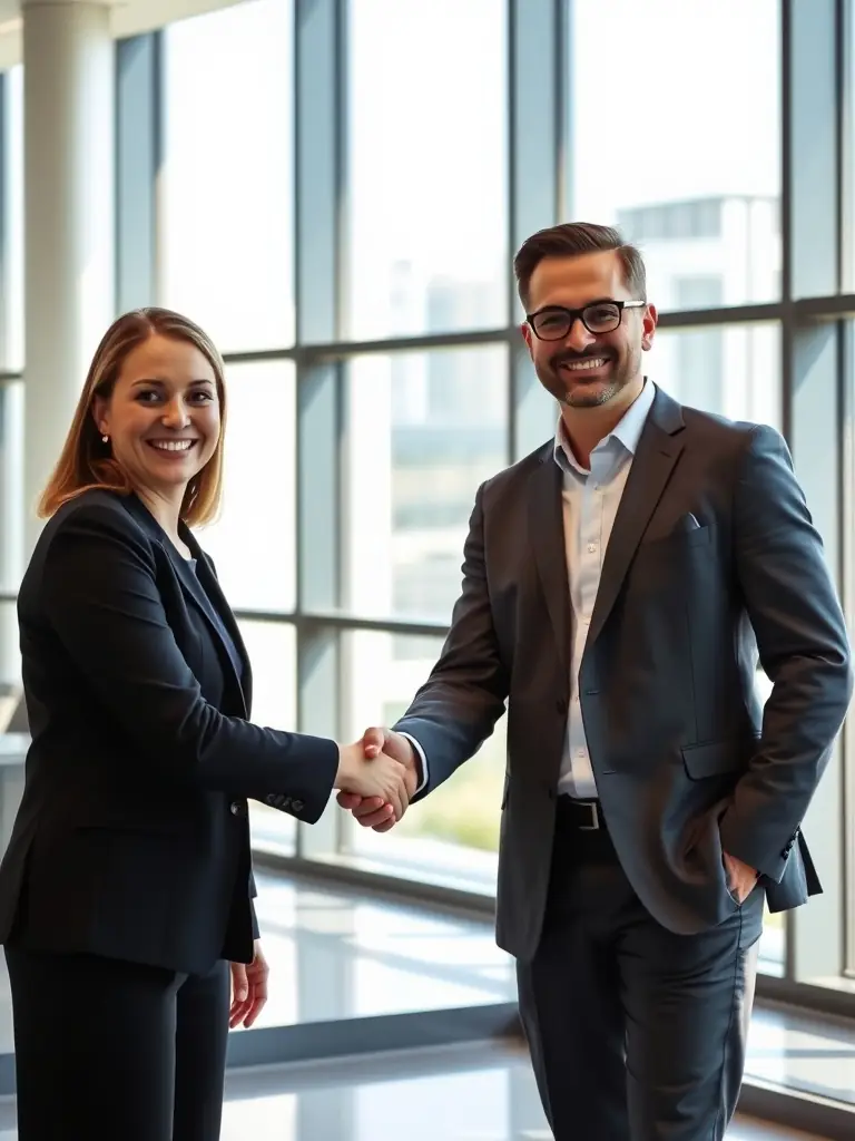 A professional shaking hands with another in a modern office setting, with a graph showing upward trends in the background, symbolizing successful partnerships.