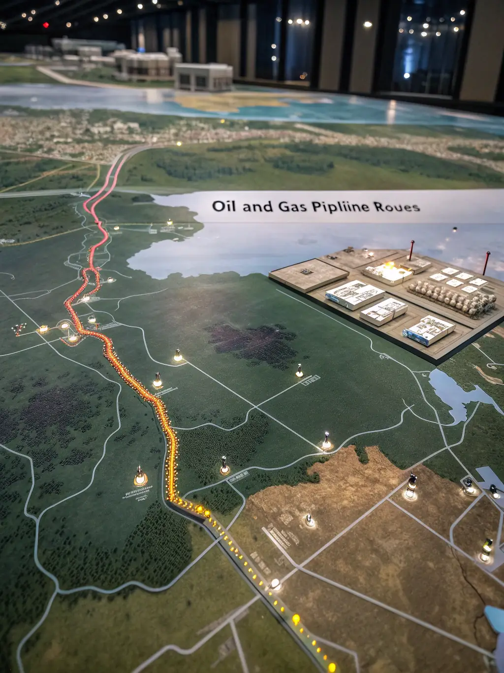 An aerial view of a pipeline construction site in the Arctic, showing the scale of infrastructure required for oil and gas operations.