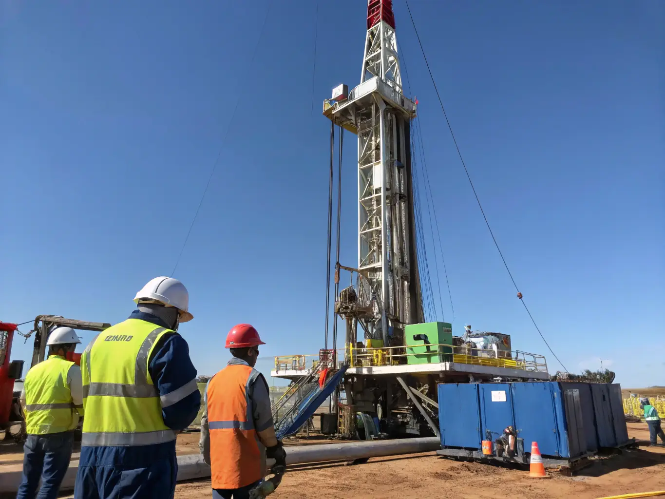 A high-quality photograph depicting a modern drilling rig operating in a snowy Arctic landscape, under a clear blue sky. The image should convey a sense of technological advancement and environmental responsibility.